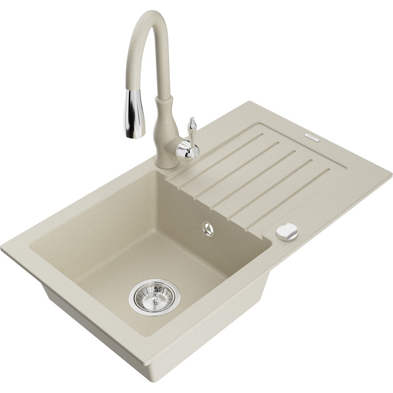 Mexen Pablo lavello in granito 1 vasca con sgocciolatoio e rubinetto da cucina Savita, beige - 6510-69-672601-69
