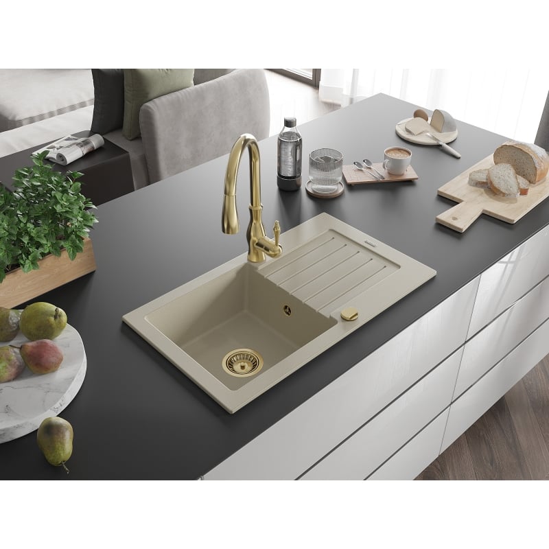 Mexen Pablo lavello in granito a 1 vasca con scolapiatti e rubinetto da cucina Savita, beige - 6510-69-672601-50