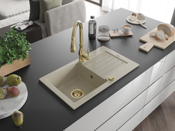 Mexen Pablo Granitspüle 1-Becken mit Abtropffläche und Küchenarmatur Savita, beige - 6510-69-672601-50