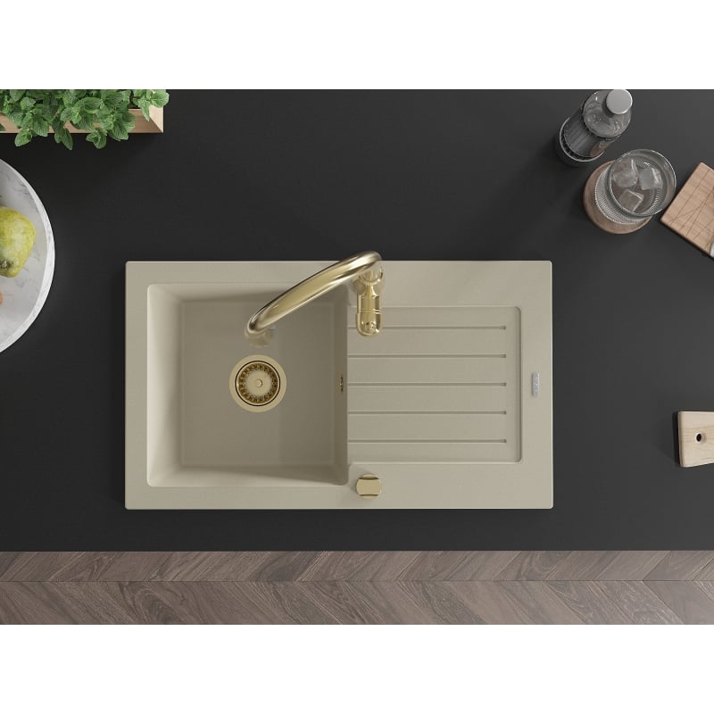 Mexen Pablo lavello in granito a 1 vasca con scolapiatti e rubinetto da cucina Savita, beige - 6510-69-672601-50