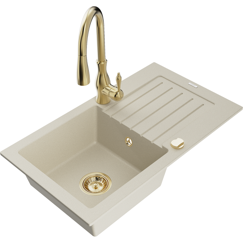 Mexen Pablo 1-bowl granite sink with drainer and Savita kitchen tap, beige - 6510-69-672601-50