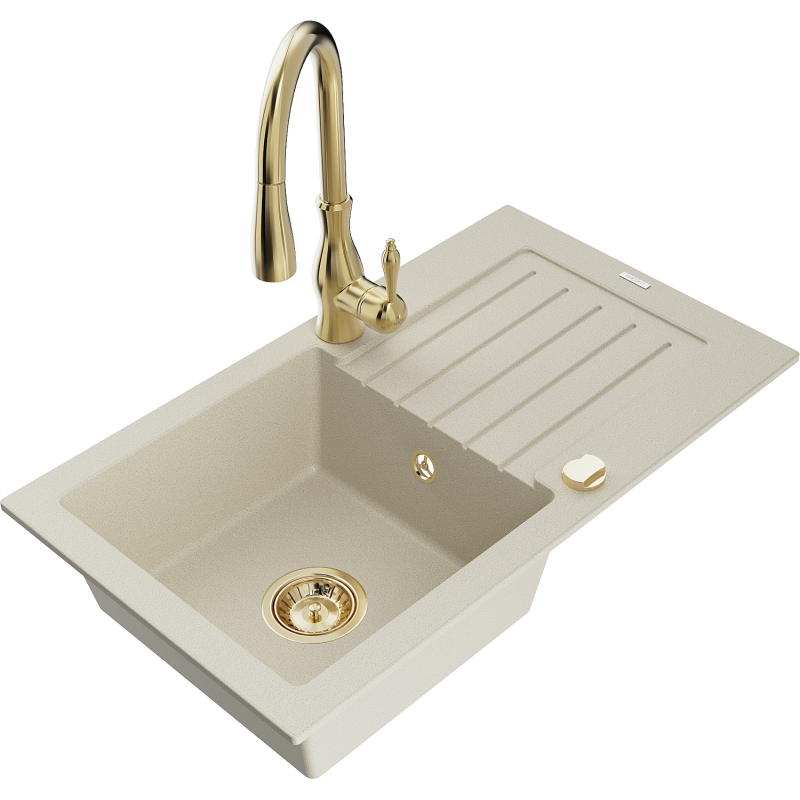 Mexen Pablo granieten gootsteen 1-komorige met afdruiprek en keukenmengkraan Savita, beige - 6510-69-672601-50