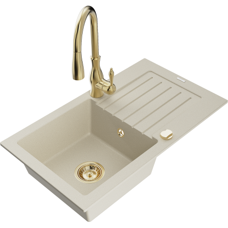 Mexen Pablo 1-bowl granite sink with drainer and Savita kitchen tap, beige - 6510-69-672601-50