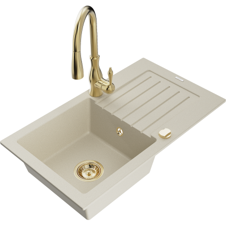 Mexen Pablo fregadero de cocina de granito 1-cubeta con escurridor y grifo de cocina Savita, beige - 6510-69-672601-50