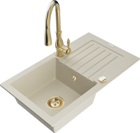 Mexen Pablo Granitspüle 1-Becken mit Abtropffläche und Küchenarmatur Savita, beige - 6510-69-672601-50