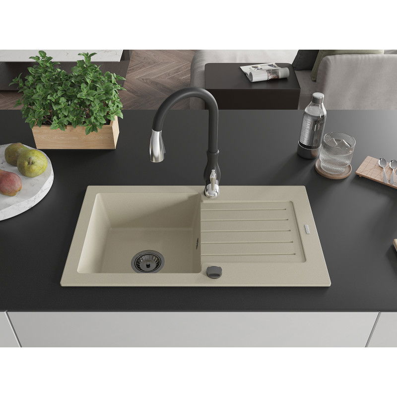 Mexen Pablo granite sink, 1-bowl with drainer and Savita kitchen tap, beige - 6510-69-672601-70