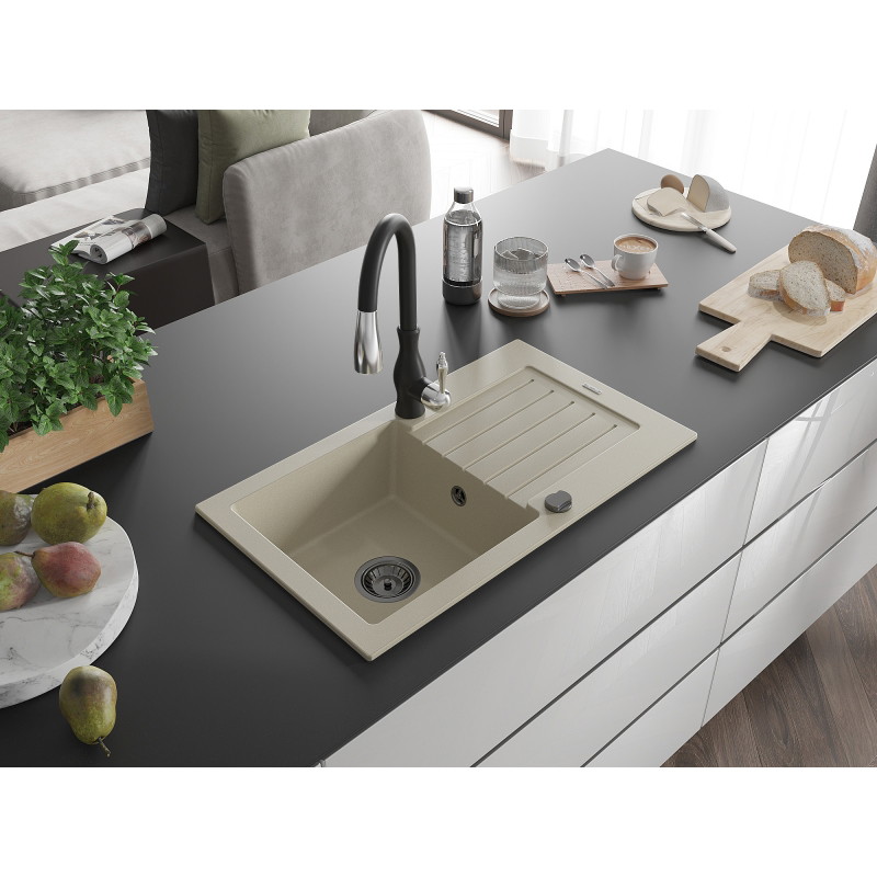 Mexen Pablo fregadero de granito de 1 seno con escurridor y grifo de cocina Savita, beige - 6510-69-672601-70