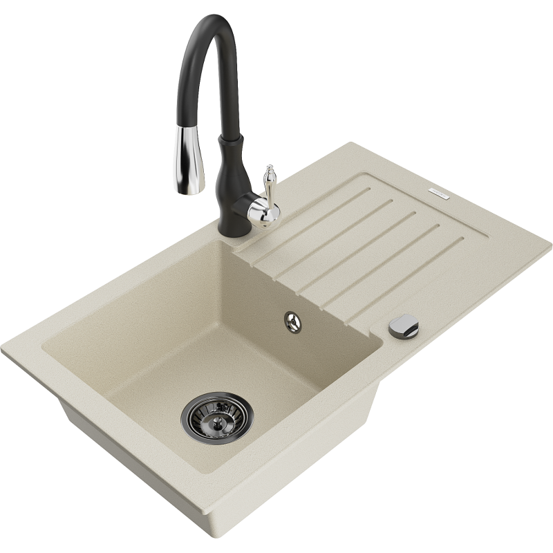Mexen Pablo fregadero de granito de 1 compartimiento con escurridor y grifo de cocina Savita, beige - 6510-69-672601-70