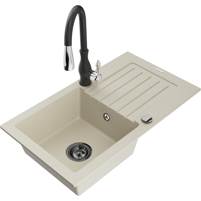Mexen Pablo lava-loiça de granito 1-cuba com escorredor e torneira de cozinha Savita, bege - 6510-69-672601-70