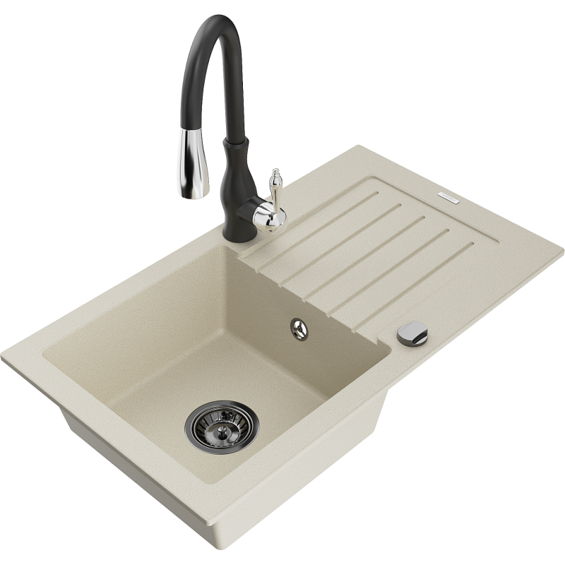 Mexen Pablo lavello in granito a 1 vasca con scolapiatti e rubinetto da cucina Savita, beige - 6510-69-672601-70