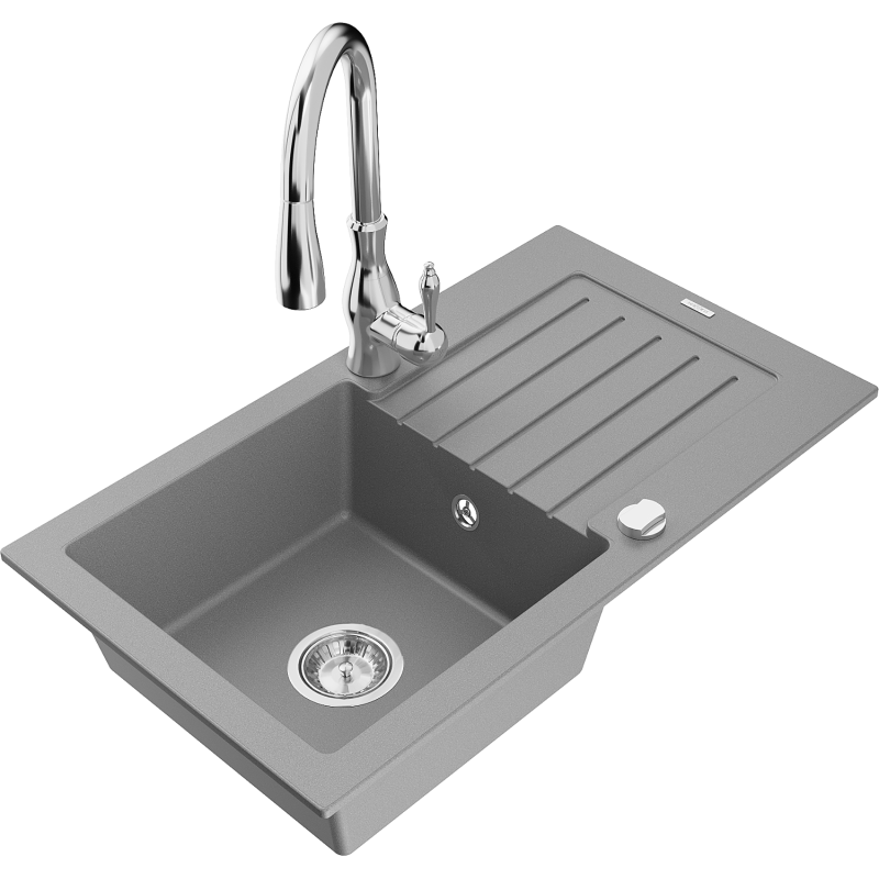Mexen Pablo granite 1-bowl sink with drainer and Savita kitchen tap, grey - 6510-71-672601-00