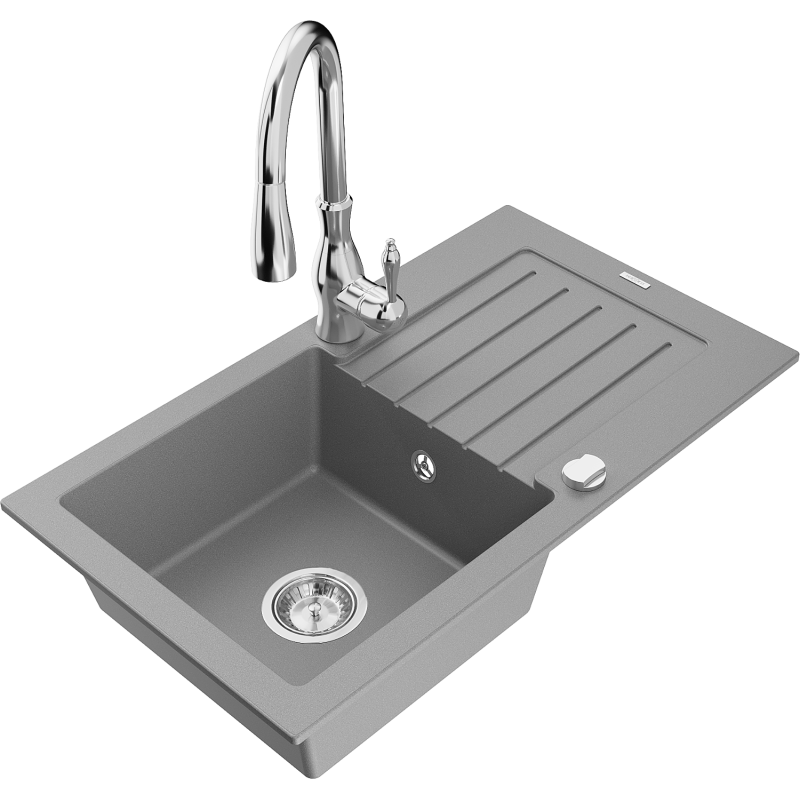 Mexen Pablo granitizlietne ar vienu nodalījumu, novietni un virtuves jaucējkrānu Savita, pelēks - 6510-71-672601-00