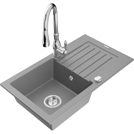Mexen Pablo évier en granit 1 bac avec égouttoir et robinet de cuisine Savita, gris - 6510-71-672601-00
