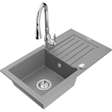 Mexen Pablo granite 1-bowl sink with drainer and Savita kitchen tap, grey - 6510-71-672601-00
