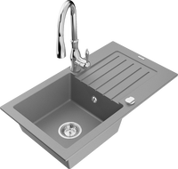 Mexen Pablo évier en granit 1 bac avec égouttoir et robinet de cuisine Savita, gris - 6510-71-672601-00