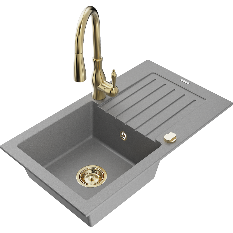 Mexen Pablo 1-Basin Granite Sink with Drainer and Savita Kitchen Tap, Grey - 6510-71-672601-50