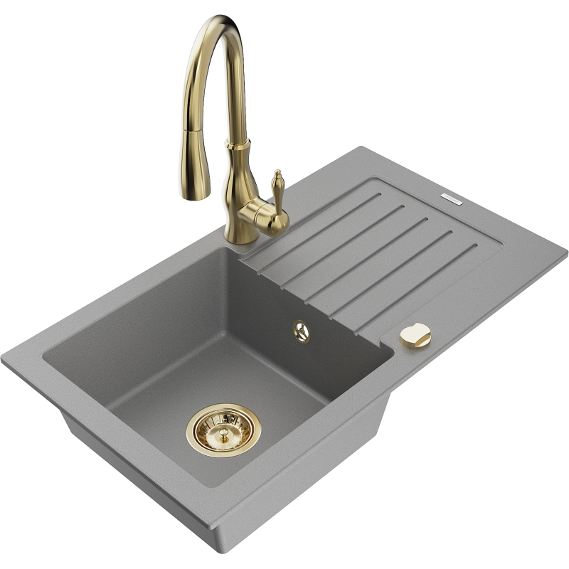 Mexen Pablo granitdiskbänk med en ho och avrinning och köksblandare Savita, grå - 6510-71-672601-50