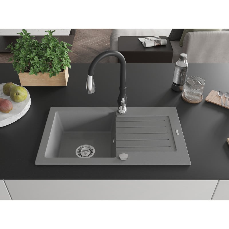 Mexen Pablo single-bowl granite sink with drainer and Savita kitchen tap, grey - 6510-71-672601-70