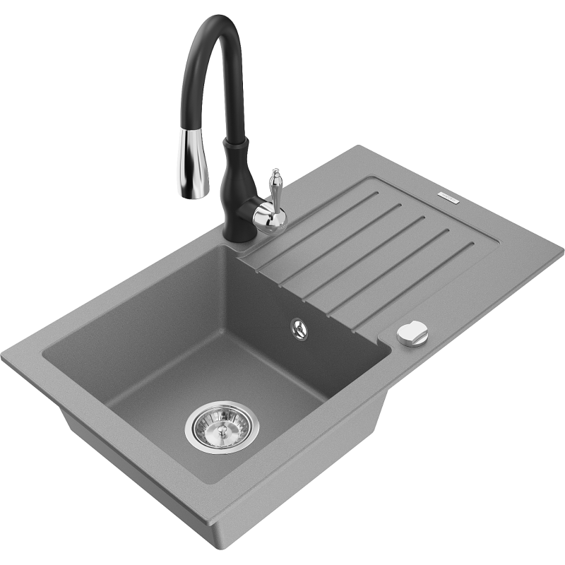 Mexen Pablo fregadero de granito de 1 cubeta con escurridor y grifo de cocina Savita, gris - 6510-71-672601-70