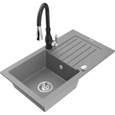 Mexen Pablo single-bowl granite sink with drainer and Savita kitchen tap, grey - 6510-71-672601-70