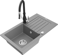 Mexen Pablo lava-louça de granito com 1 cuba com escorredor e torneira de cozinha Savita, cinza - 6510-71-672601-70