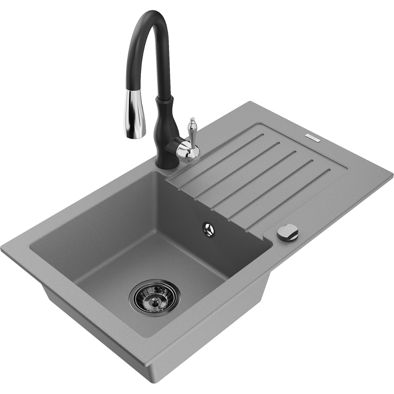 Mexen Pablo granite kitchen sink 1-bowl with drainer and Savita kitchen mixer, grey - 6510-71-672601-70-B