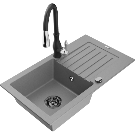 Mexen Pablo granite sink 1-bowl with drainer and Savita kitchen faucet, gray - 6510-71-672601-70-B