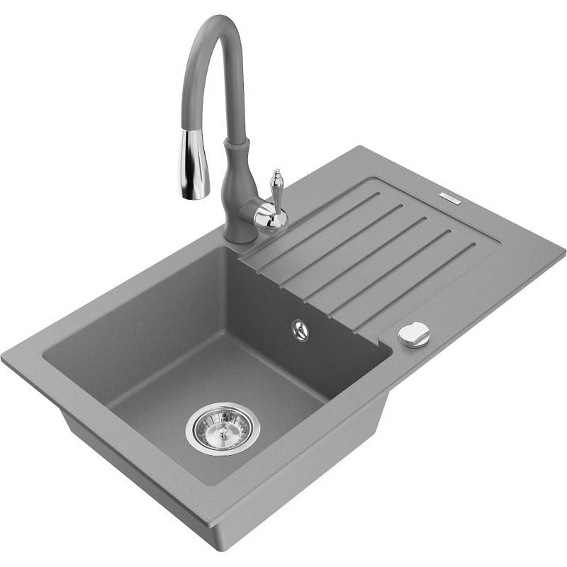 Mexen Pablo lava-loiça de granito de 1 cuba com escorredor e torneira de cozinha Savita, cinzento - 6510-71-672601-71