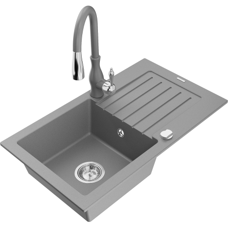 Mexen Pablo 1-Bowl Granite Sink with Drainer and Savita Kitchen Tap, Grey - 6510-71-672601-71