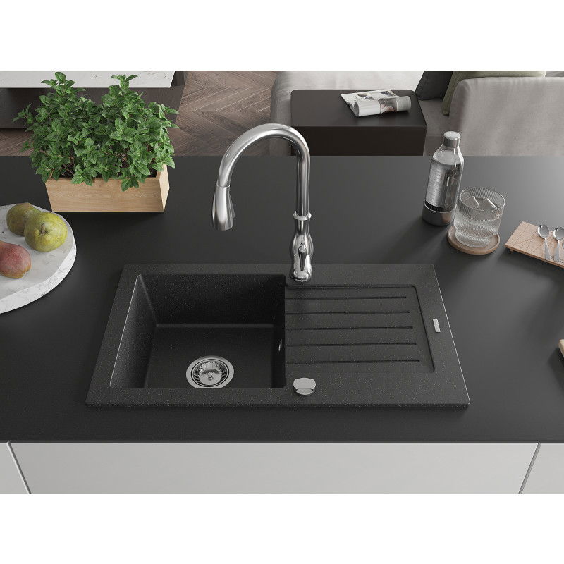 Mexen Pablo 1-compartment granite sink with a drip tray and kitchen mixer tap Savita, Black/Silver metallic - 6510-73-672601-00