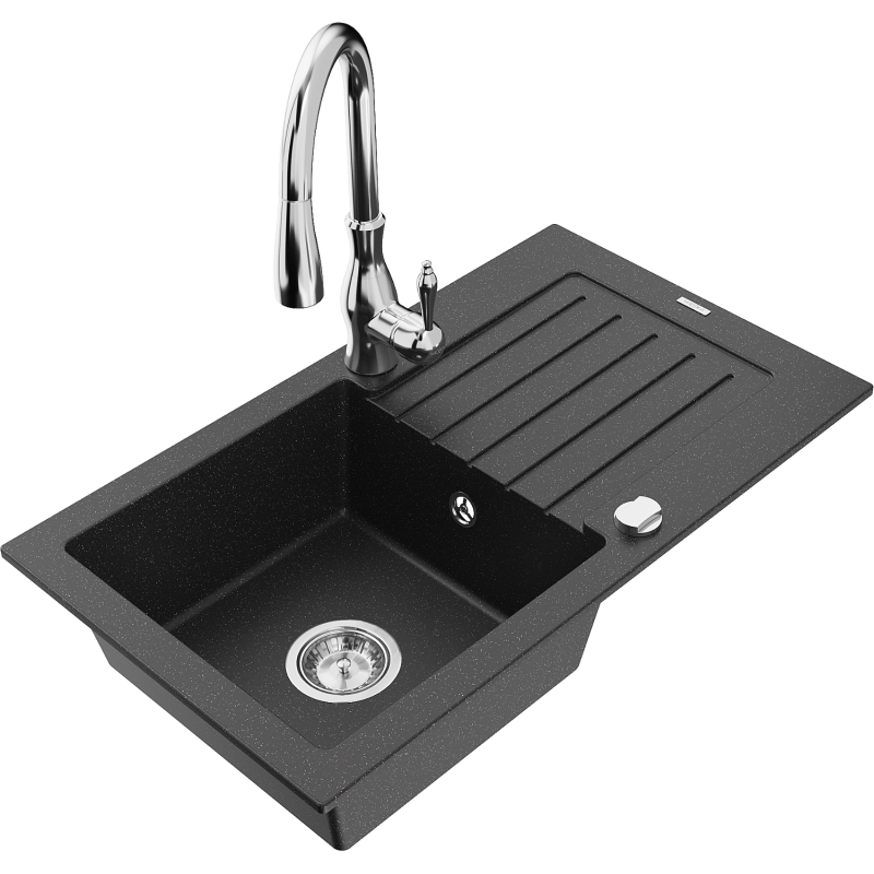 Mexen Pablo fregadero de granito 1 cubeta con escurridor y grifo de cocina Savita, negro/plata metálica - 6510-73-672601-00