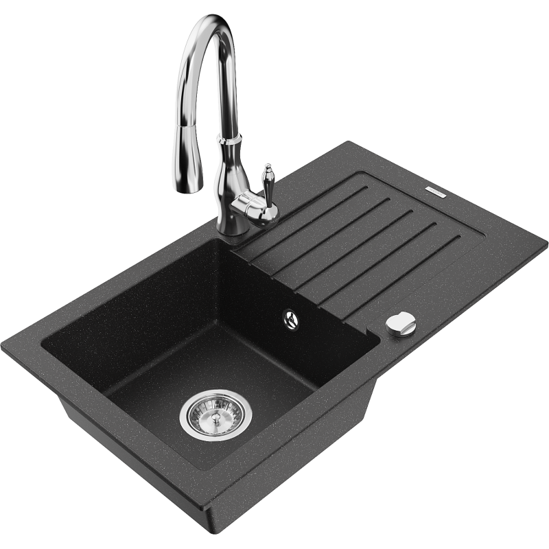 Mexen Pablo lava-loiça granítico de 1-cuba com escorredor e torneira de cozinha Savita, preto/metálico prateado