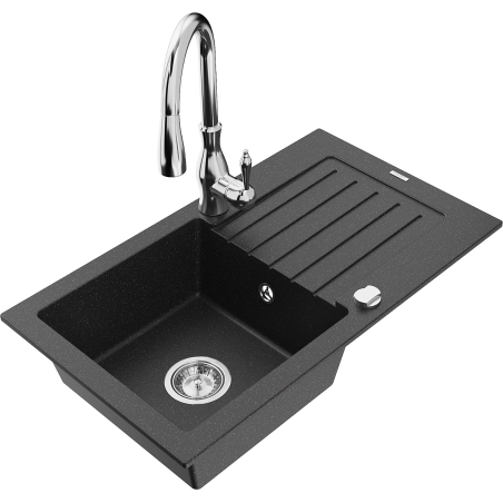 Mexen Pablo fregadero de granito 1 cubeta con escurridor y grifo de cocina Savita, negro/plata metálica - 6510-73-672601-00