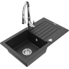 Mexen Pablo évier en granit à 1 bac avec égouttoir et robinet de cuisine Savita, noir/métallisé argenté