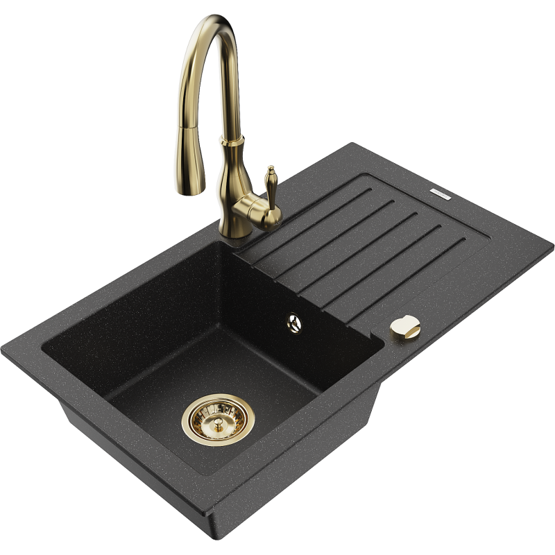 Mexen Pablo granit Ëmwäschbecken mat enger Schoss an Drëpsfläche a Kichendhaus Savita, schwaarz/sëlwer Metalik