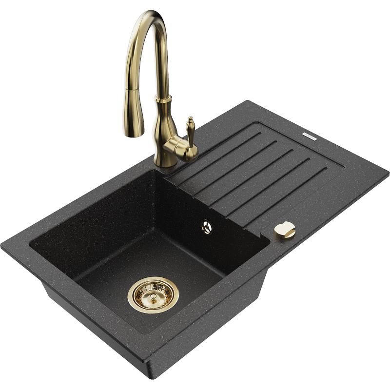 Mexen Pablo lava-loiça de granito de uma cuba com escorredor e torneira de cozinha Savita, preto/metalizado prateado