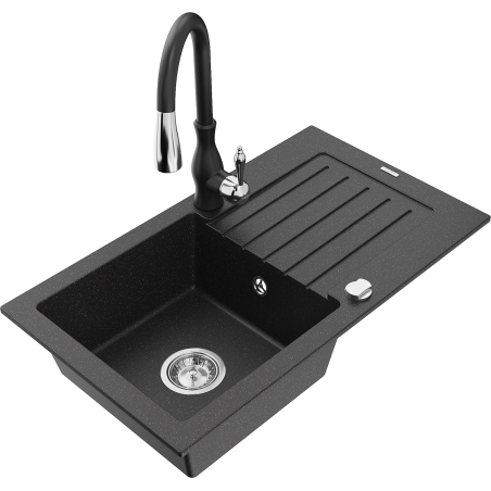Mexen Pablo 1-bowl granite sink with drainer and Savita kitchen faucet, black/silver metallic - 6510-73-672601-70