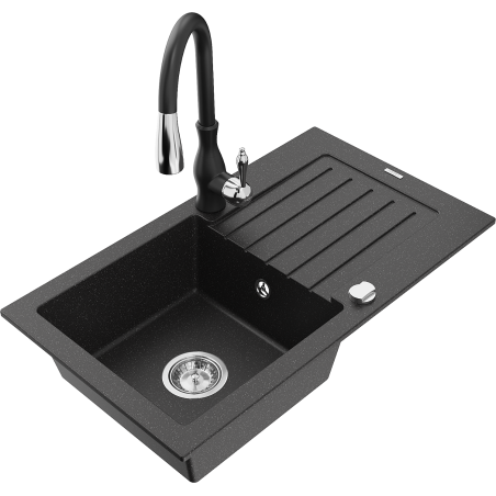 Mexen Pablo graniittinen 1-allasinen tiskiallas valutustelineellä ja keittiöhanalla Savita, musta/hopeinen metallinhohto