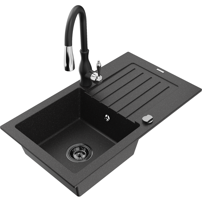 Mexen Pablo granite sink 1-bowl with drainer and Savita kitchen tap, black/silver - 6510-73-672601-70-B