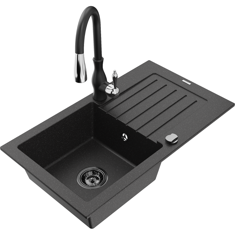 Mexen Pablo granitisk diskbänk med 1 fack och avrinningsyta och köksblandare Savita, svart/silver - 6510-73-672601-70-B