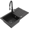 Mexen Pablo granite sink 1-bowl with drainer and Savita kitchen tap, black/silver - 6510-73-672601-70-B