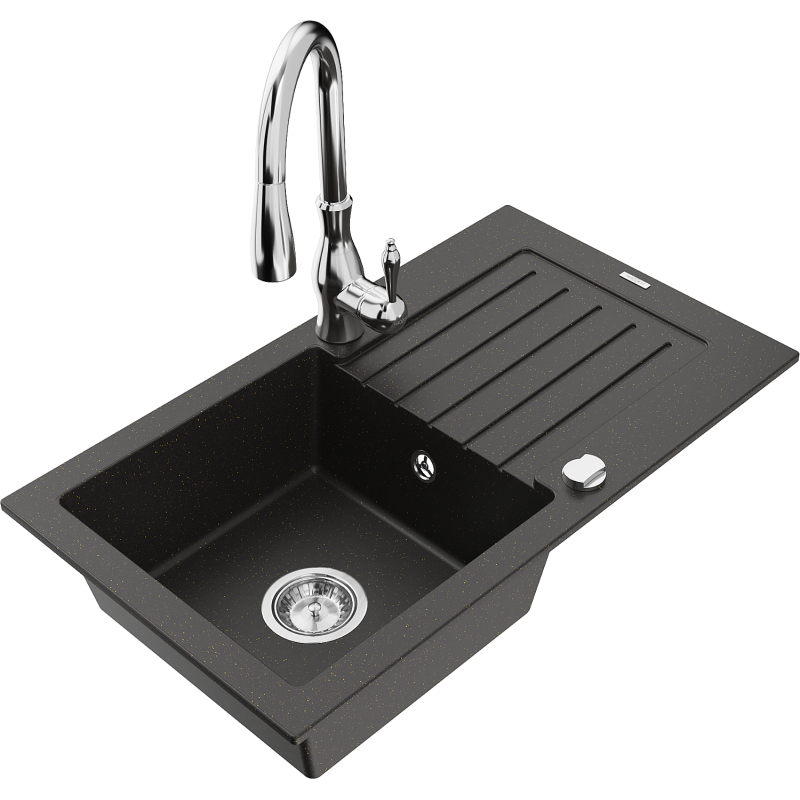 Mexen Pablo fregadero de granito de 1 cubeta con escurridor y grifo de cocina Savita, negro/oro metálico - 6510-75-672601-00