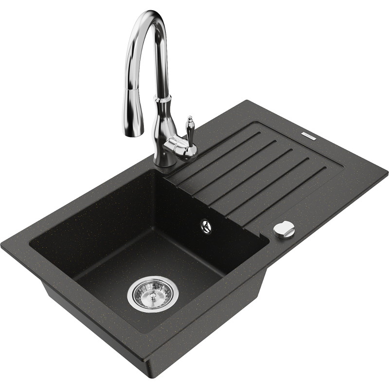 Mexen Pablo fregadero de granito de 1 seno con escurridor y grifo de cocina Savita, negro/oro metálico - 6510-75-672601-00