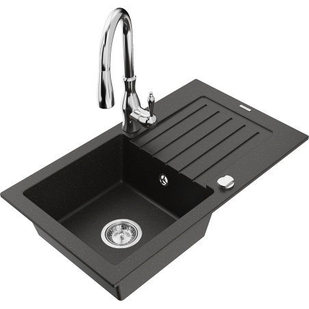 Mexen Pablo fregadero de granito de 1 cubeta con escurridor y grifo de cocina Savita, negro/oro metálico - 6510-75-672601-00