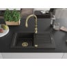 Mexen Pablo granite sink 1-bowl with drainer and Savita kitchen faucet, black/gold metallic - 6510-75-672601-50