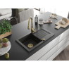 Mexen Pablo lavello in granito a 1 vasca con scolapiatti e rubinetto da cucina Savita, nero/oro metallizzato - 6510-75-672601-50