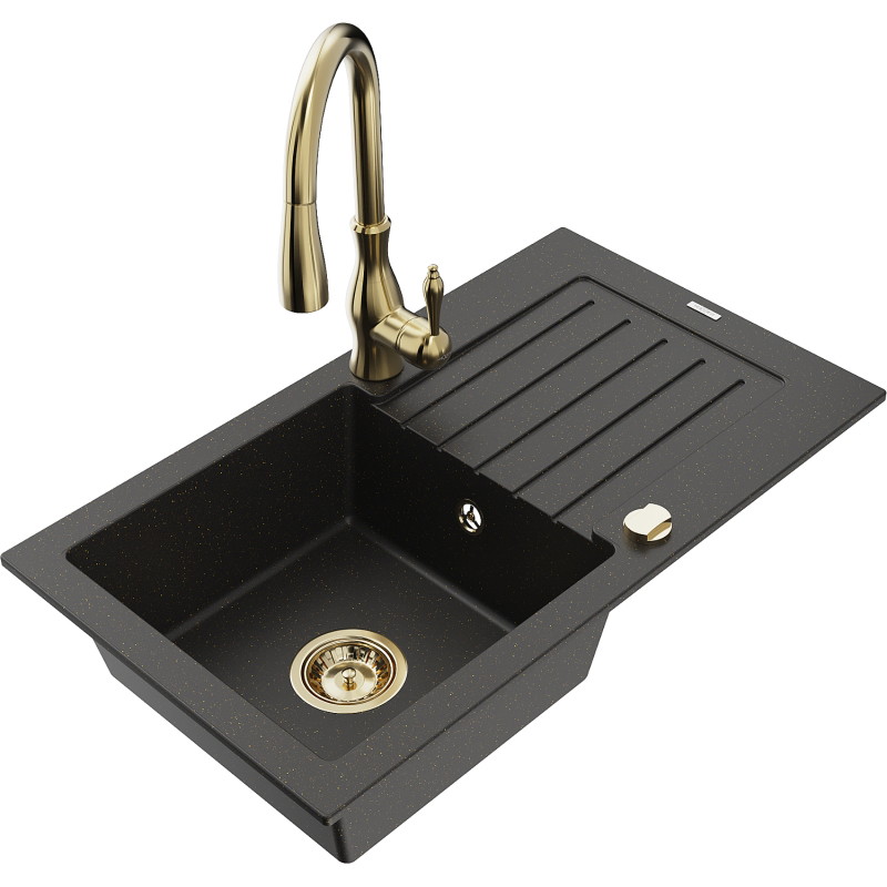 Mexen Pablo granitische gootsteen met 1 bak met afdruiprek en keukenkraan Savita, zwart/gouden metallic - 6510-75-672601-50