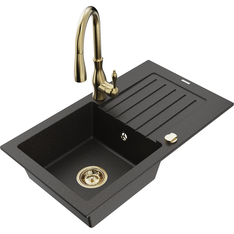 Mexen Pablo granitisk diskbänk med en kammare med avrinningsområde och köksblandare Savita, svart/guld metallic