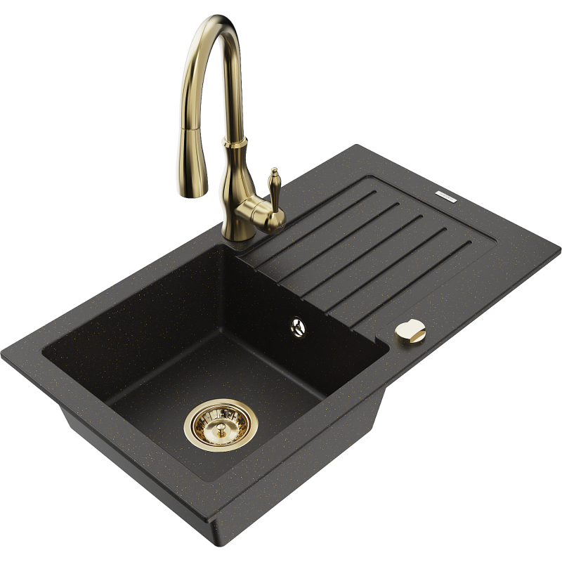 Mexen Pablo lavello in granito 1-vasca con scolapiatti e miscelatore cucina Savita, nero/oro metallizzato - 6510-75-672601-50