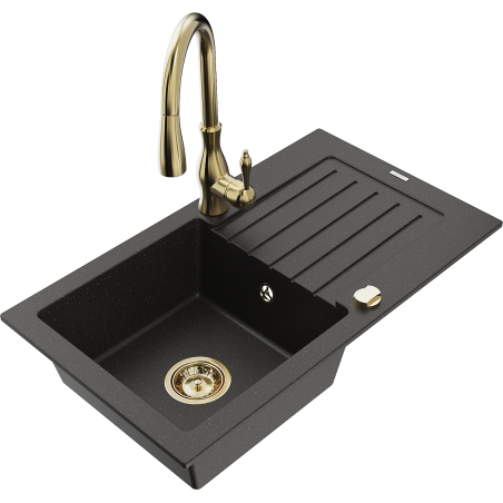 Mexen Pablo lavello in granito 1-vasca con scolapiatti e miscelatore cucina Savita, nero/oro metallizzato - 6510-75-672601-50